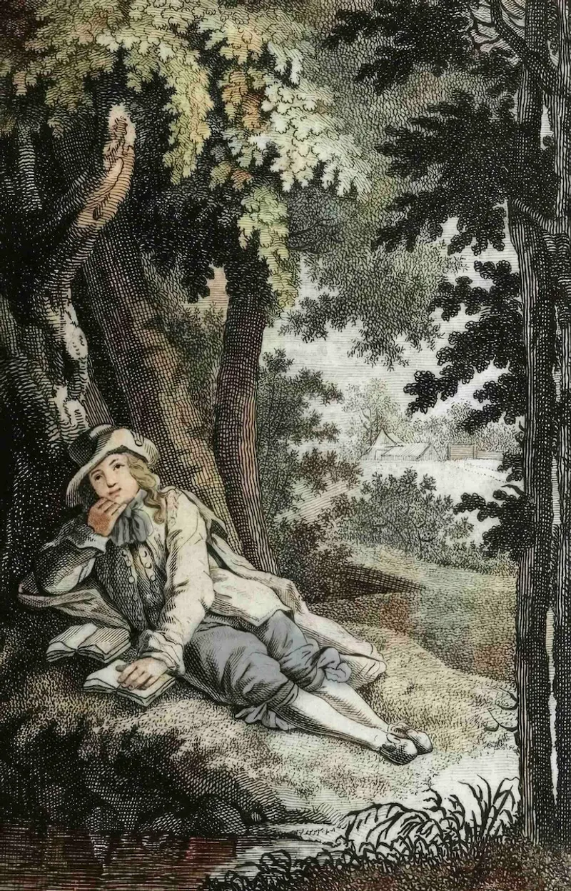 A young Leibniz-like figure in 18th-century dress reclines under a tree with a book, lost in thought, with a distant landscape and tents in the background.